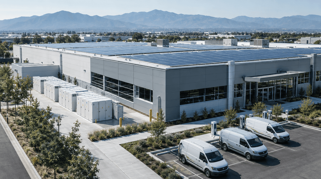 Commercial rooftop solar panels, battery storage cabinets and fleet charging at a light-industrial property.