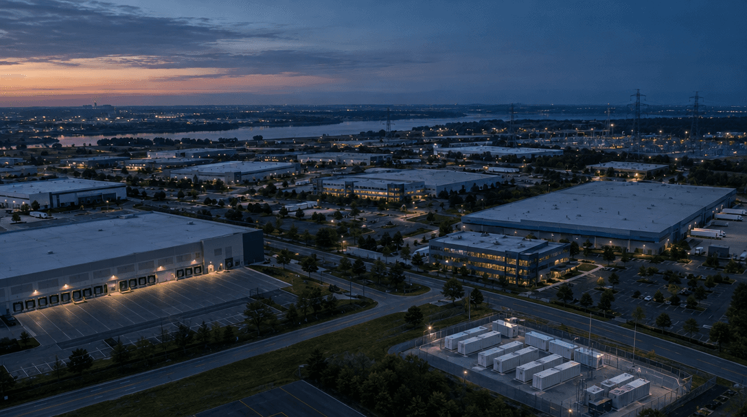 Aerial view of warehouses, offices and utility infrastructure across a commercial district at blue hour.
